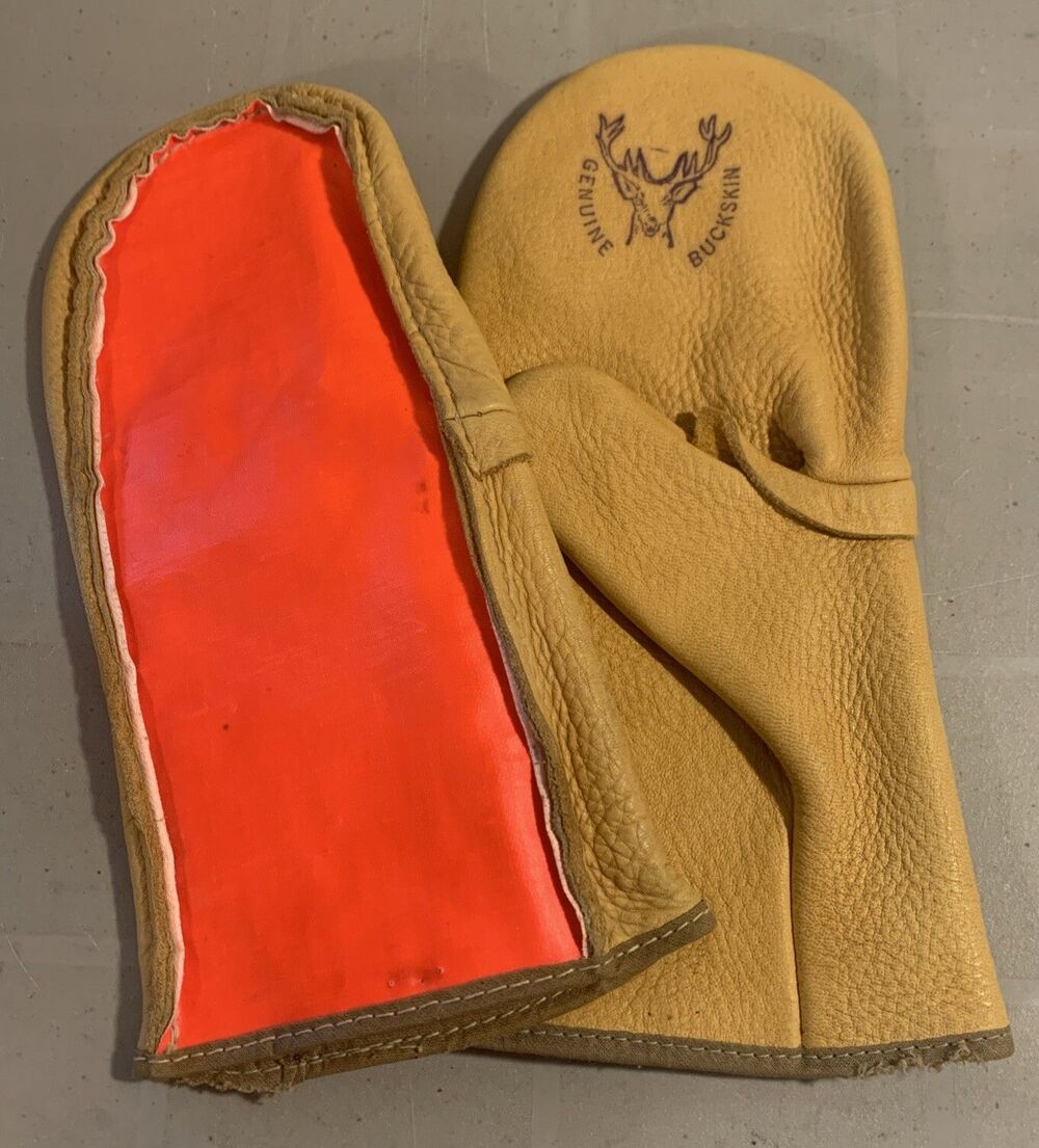 Vintage Genuine Buckskin Gloves Mittens Blaze Orange Large Outdoor Hunting Wood
